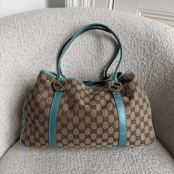 Gucci GG Twins Blue Leather Tote Bag