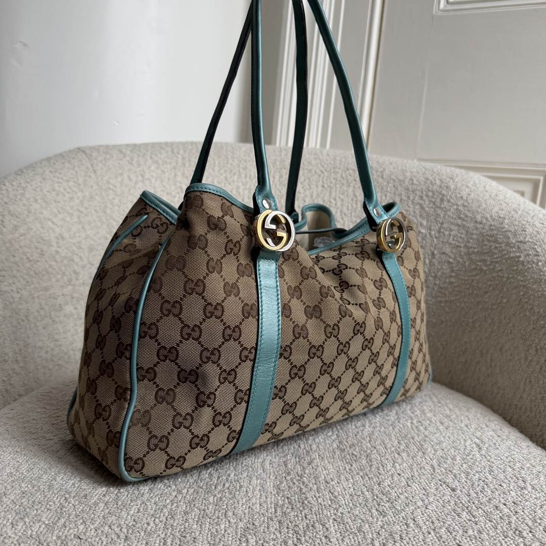 Gucci GG Twins Blue Leather Tote Bag