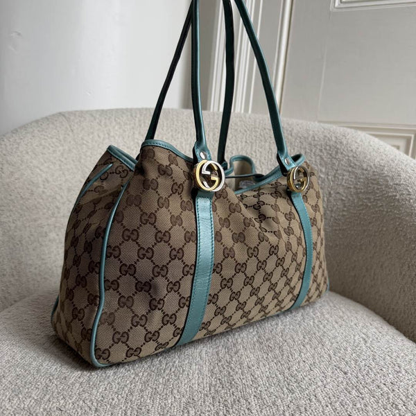 Gucci GG Twins Blue Leather Tote Bag