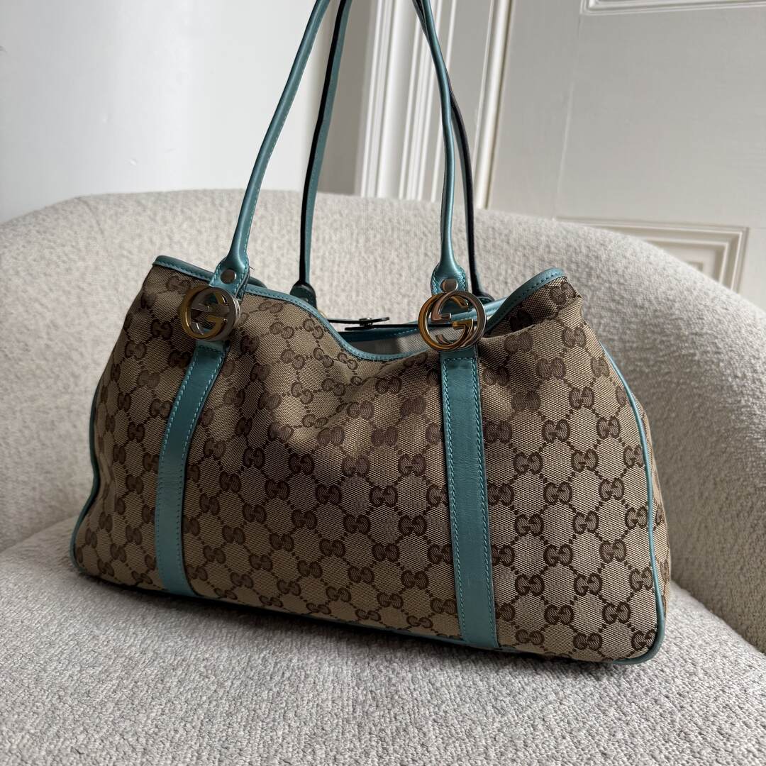Gucci GG Twins Blue Leather Tote Bag