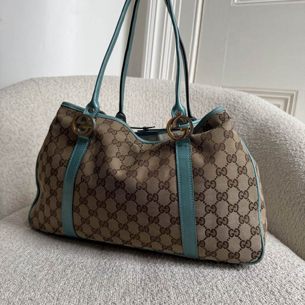 Gucci GG Twins Blue Leather Tote Bag