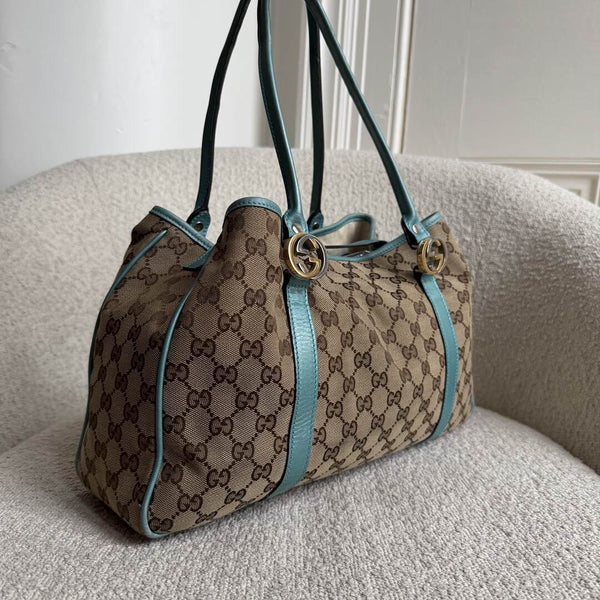 Gucci GG Twins Blue Leather Tote Bag