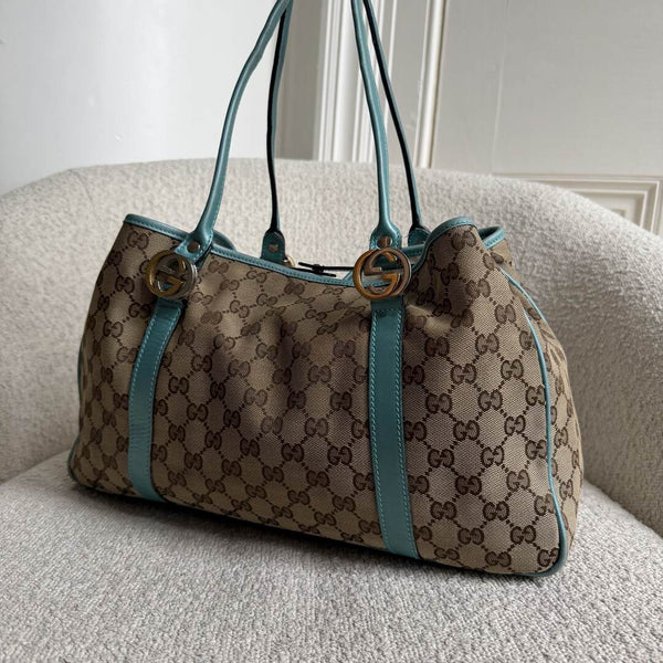 Gucci GG Twins Blue Leather Tote Bag
