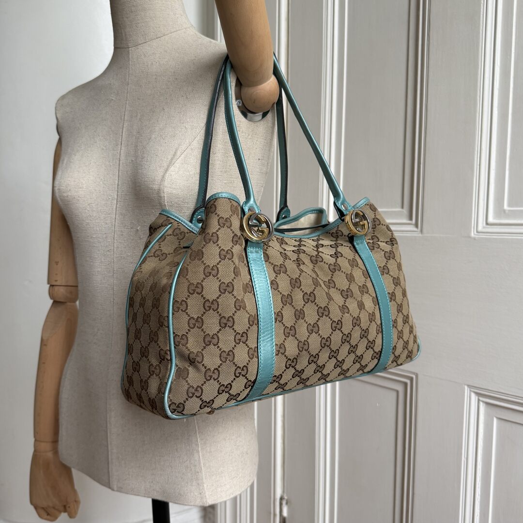 Gucci GG Twins Blue Leather Tote Bag