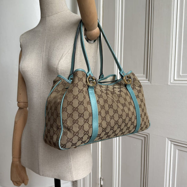 Gucci GG Twins Blue Leather Tote Bag