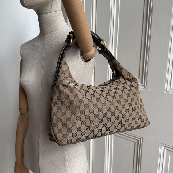 Gucci GG Canvas Horsebit Hobo Brown Shoulder Bag