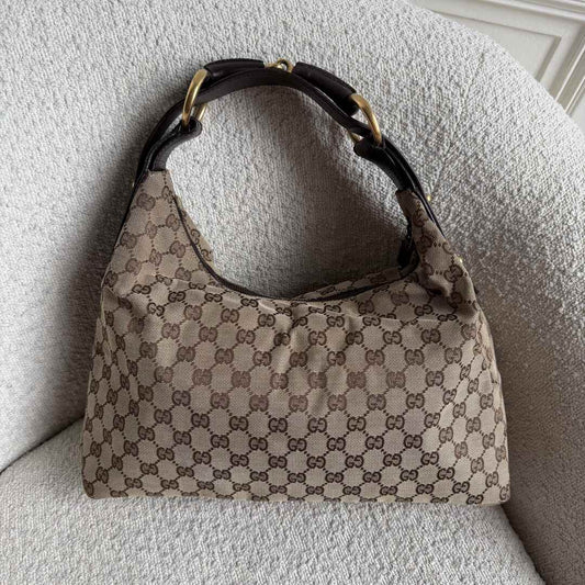 Gucci GG Canvas Horsebit Hobo Brown Shoulder Bag