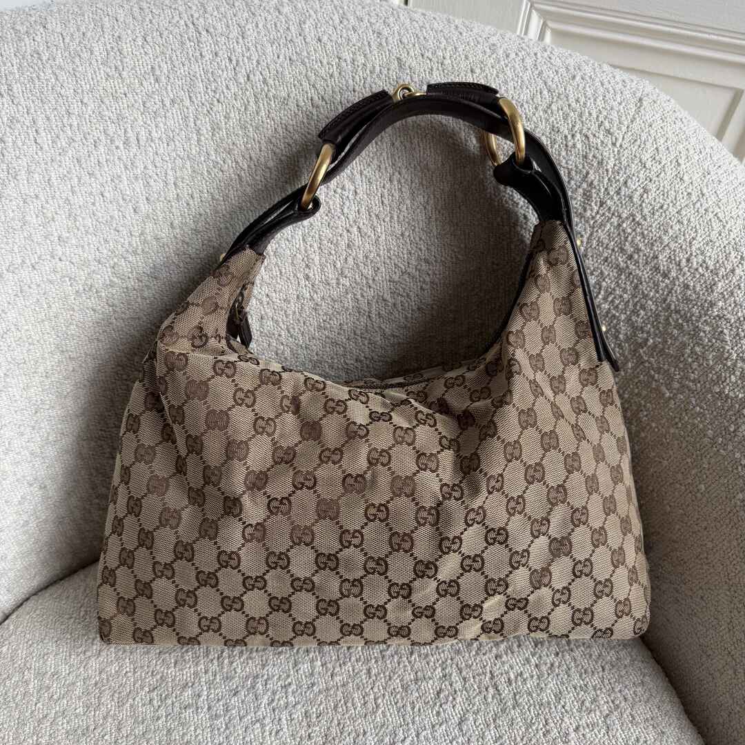 Gucci GG Canvas Horsebit Hobo Brown Shoulder Bag