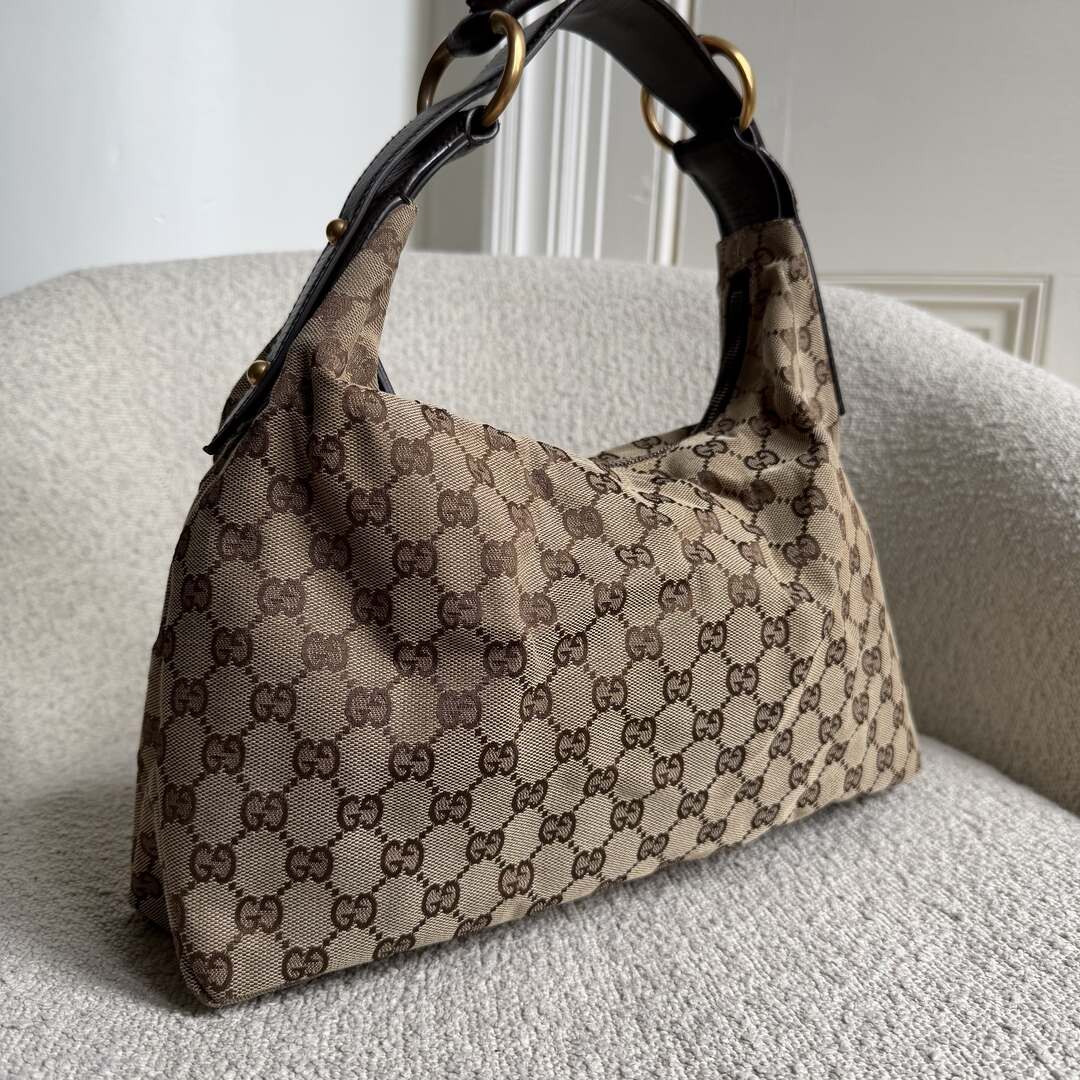 Gucci GG Canvas Horsebit Hobo Brown Shoulder Bag
