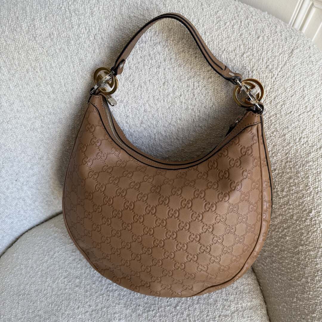 Gucci Guccissima Twins Hobo Brown Leather Shoulder Bag