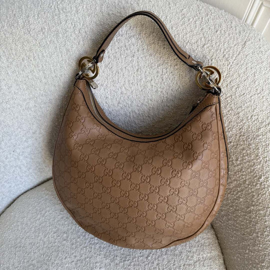 Gucci Guccissima Twins Hobo Brown Leather Shoulder Bag