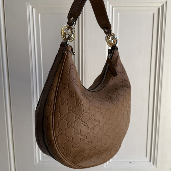 Gucci Guccissima Twins Hobo Brown Leather Shoulder Bag