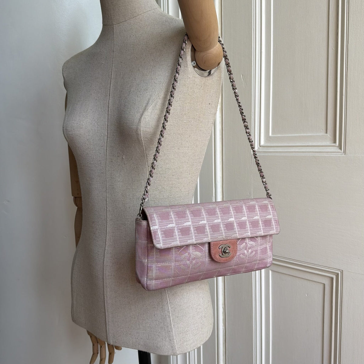 2002 Chanel East West Travel Line Pink Flap Shoulder Bag