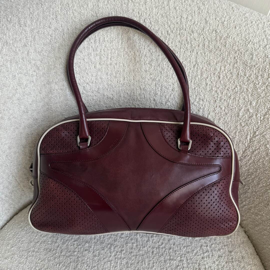 2000SS Prada Vitello Bowling Burgundy Leather Handbag