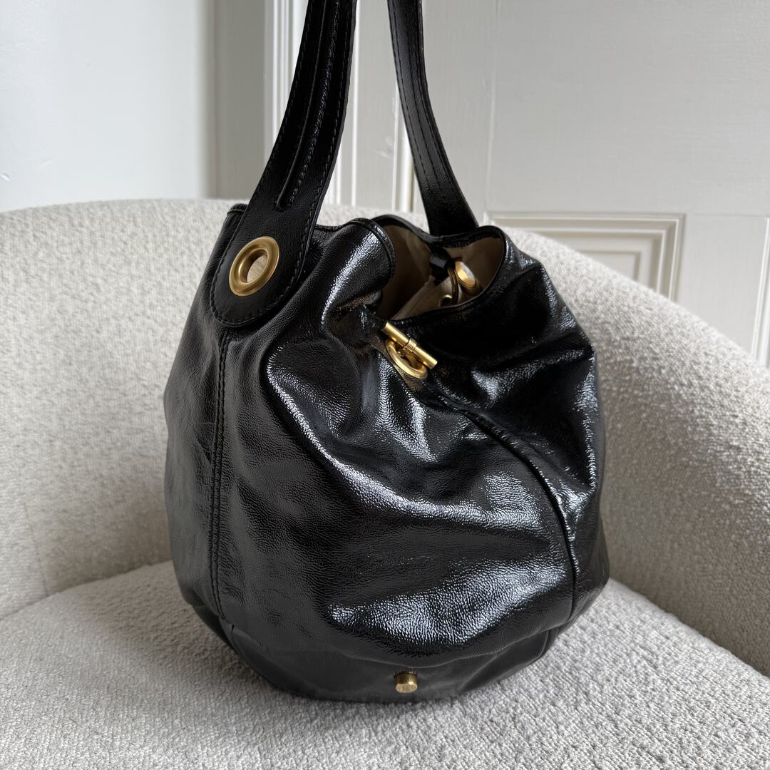 Yves Saint Laurent Rive Gauche Patent Capri Hobo Black Shoulder Bag
