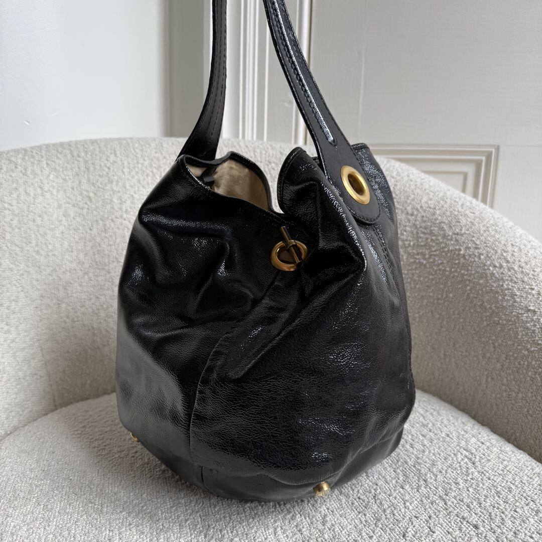Yves Saint Laurent Rive Gauche Patent Capri Hobo Black Shoulder Bag