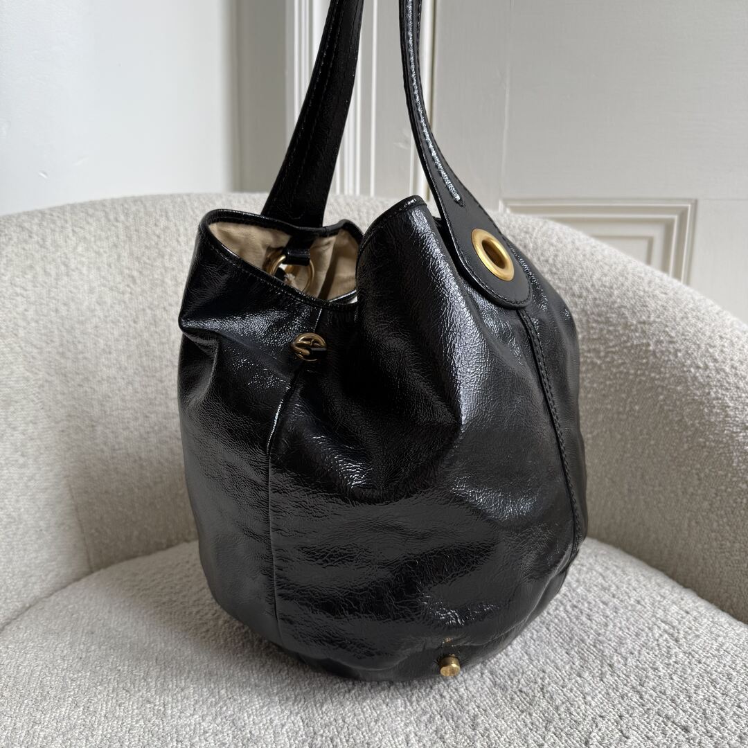 Yves Saint Laurent Rive Gauche Patent Capri Hobo Black Shoulder Bag