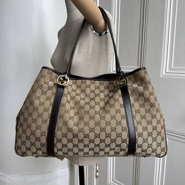Gucci GG Canvas Twins Black Leather Tote Bag