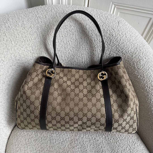 Gucci GG Canvas Twins Black Leather Tote Bag
