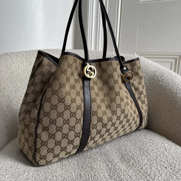 Gucci GG Canvas Twins Black Leather Tote Bag