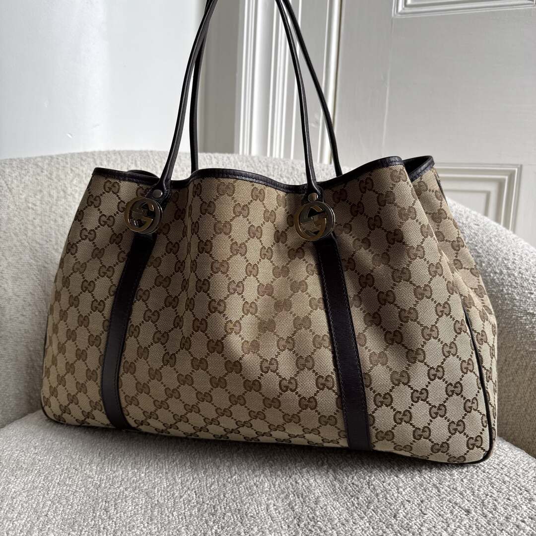 Gucci GG Canvas Twins Black Leather Tote Bag