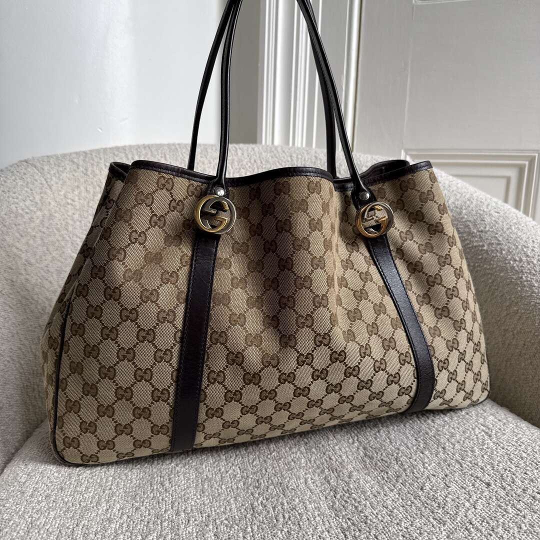 Gucci GG Canvas Twins Black Leather Tote Bag