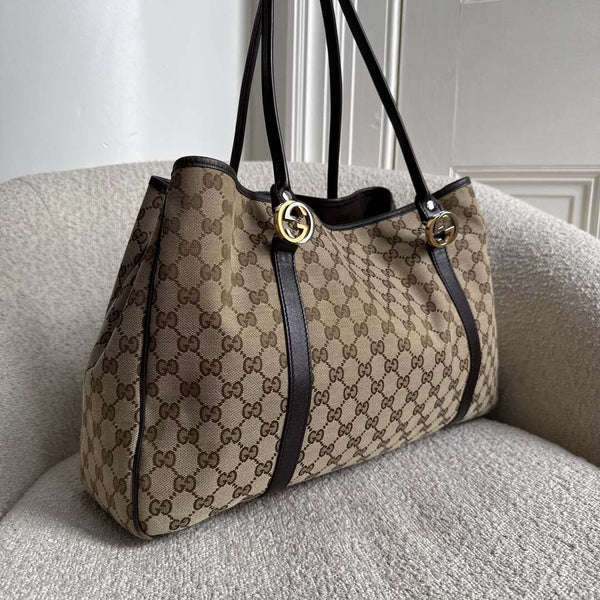Gucci GG Canvas Twins Black Leather Tote Bag