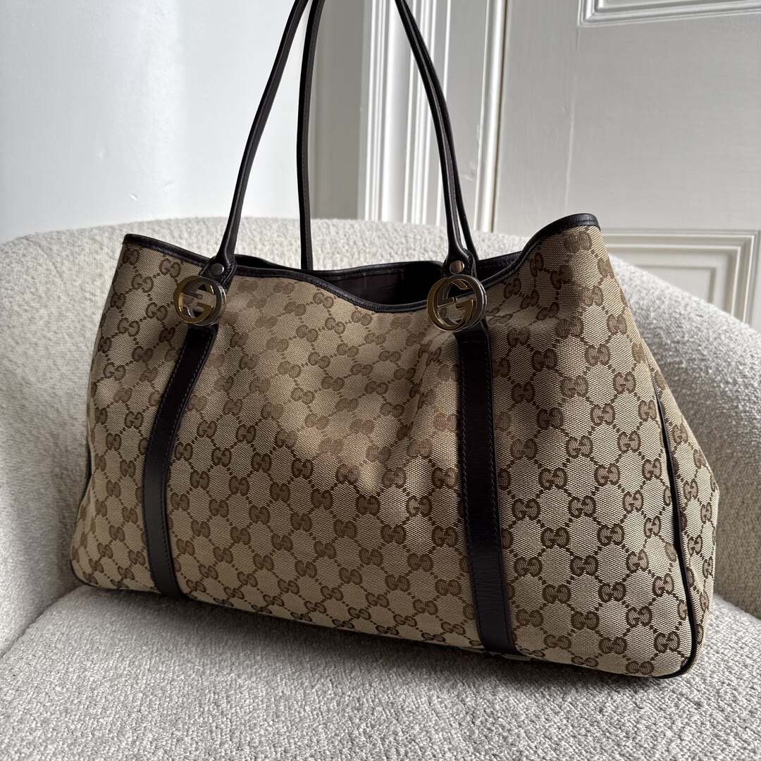 Gucci GG Canvas Twins Black Leather Tote Bag