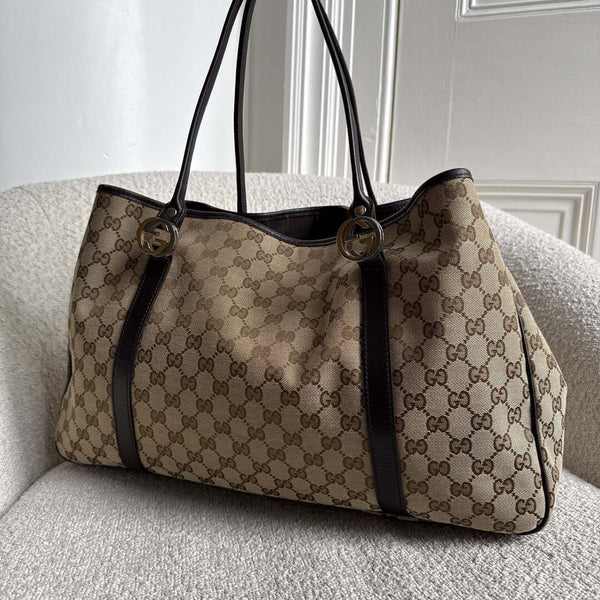Gucci GG Canvas Twins Black Leather Tote Bag
