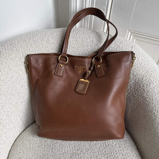 Prada Vitello Daino Leather Brown Tote Bag