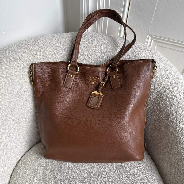 Prada Vitello Daino Leather Brown Tote Bag