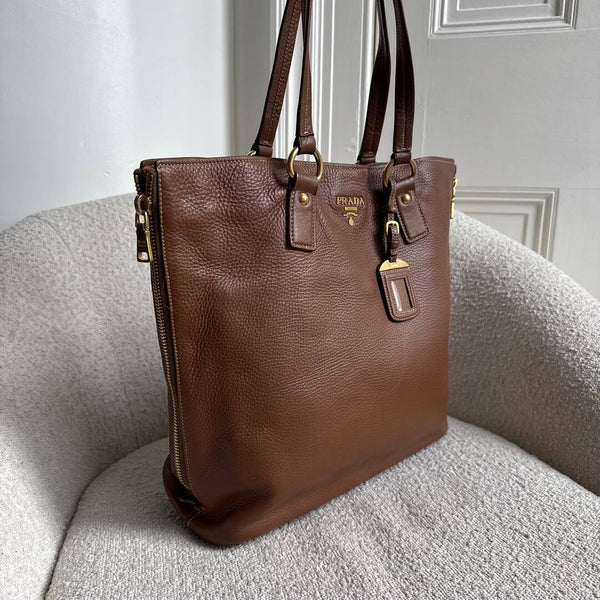 Prada Vitello Daino Leather Brown Tote Bag