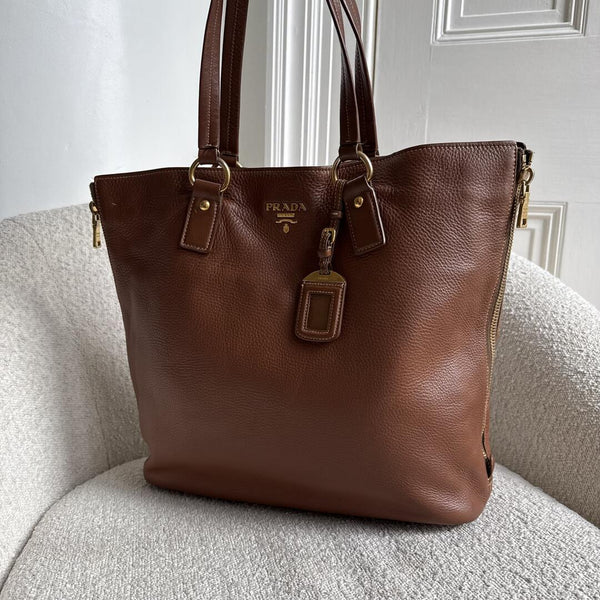Prada Vitello Daino Leather Brown Tote Bag
