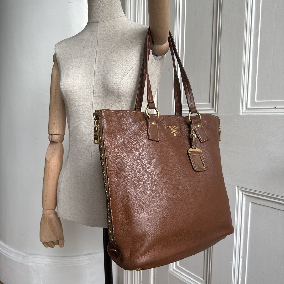 Prada Vitello Daino Leather Brown Tote Bag