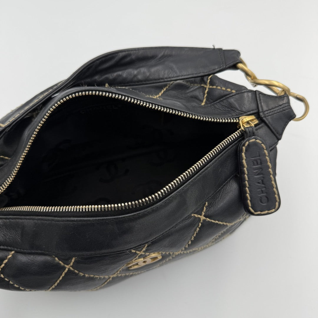 2005 Chanel CC Surpique Wild Stitch Black Leather Handbag