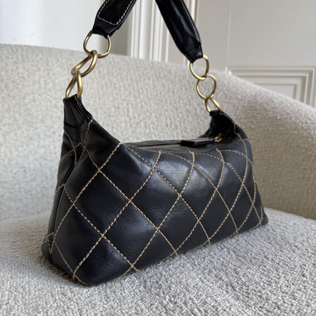 2005 Chanel CC Surpique Wild Stitch Black Leather Handbag