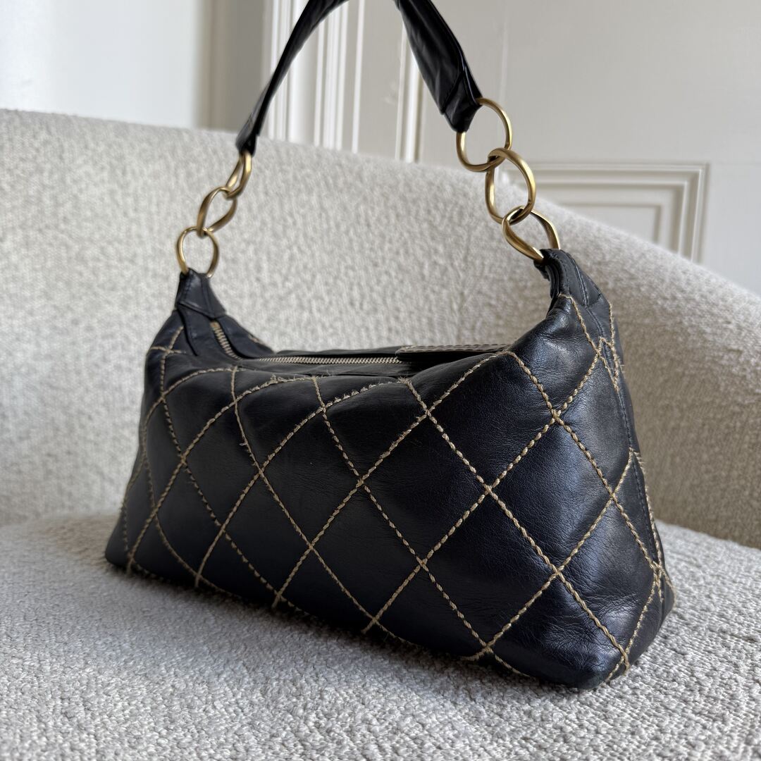 2005 Chanel CC Surpique Wild Stitch Black Leather Handbag