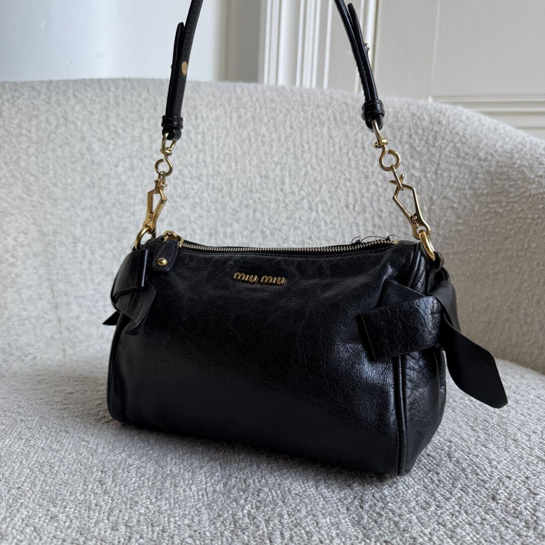 Miu Miu Vitello Bow Leather Black Mini Shoulder Bag
