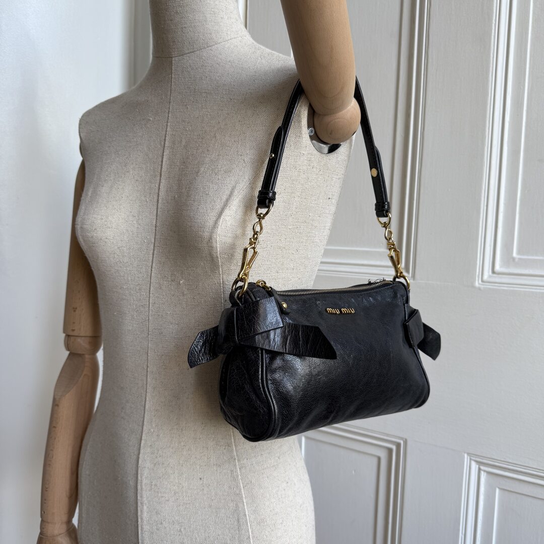 Miu Miu Vitello Bow Leather Black Mini Shoulder Bag