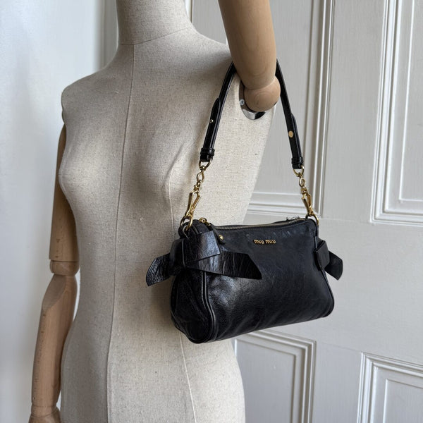 Miu Miu Vitello Bow Leather Black Mini Shoulder Bag