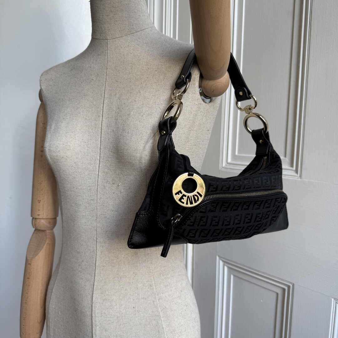 Fendi Zucchino Canvas Chef Black Shoulder Bag