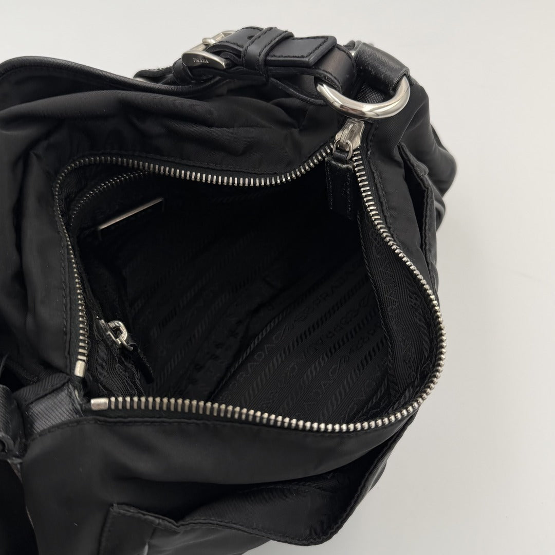Prada Saffiano Trimmed Tessuto Nylon Black Shoulder Bag
