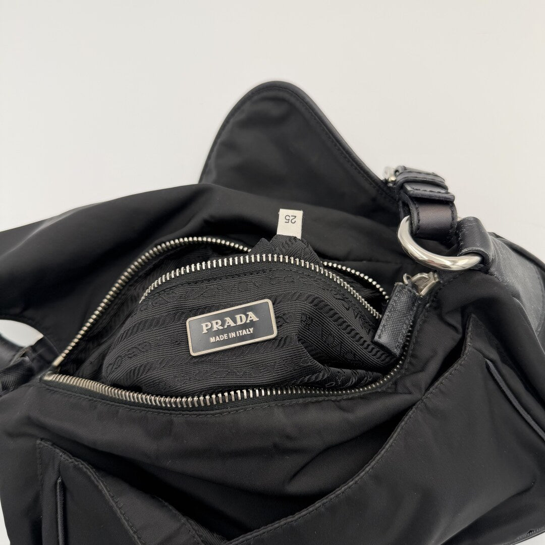 Prada Saffiano Trimmed Tessuto Nylon Black Shoulder Bag
