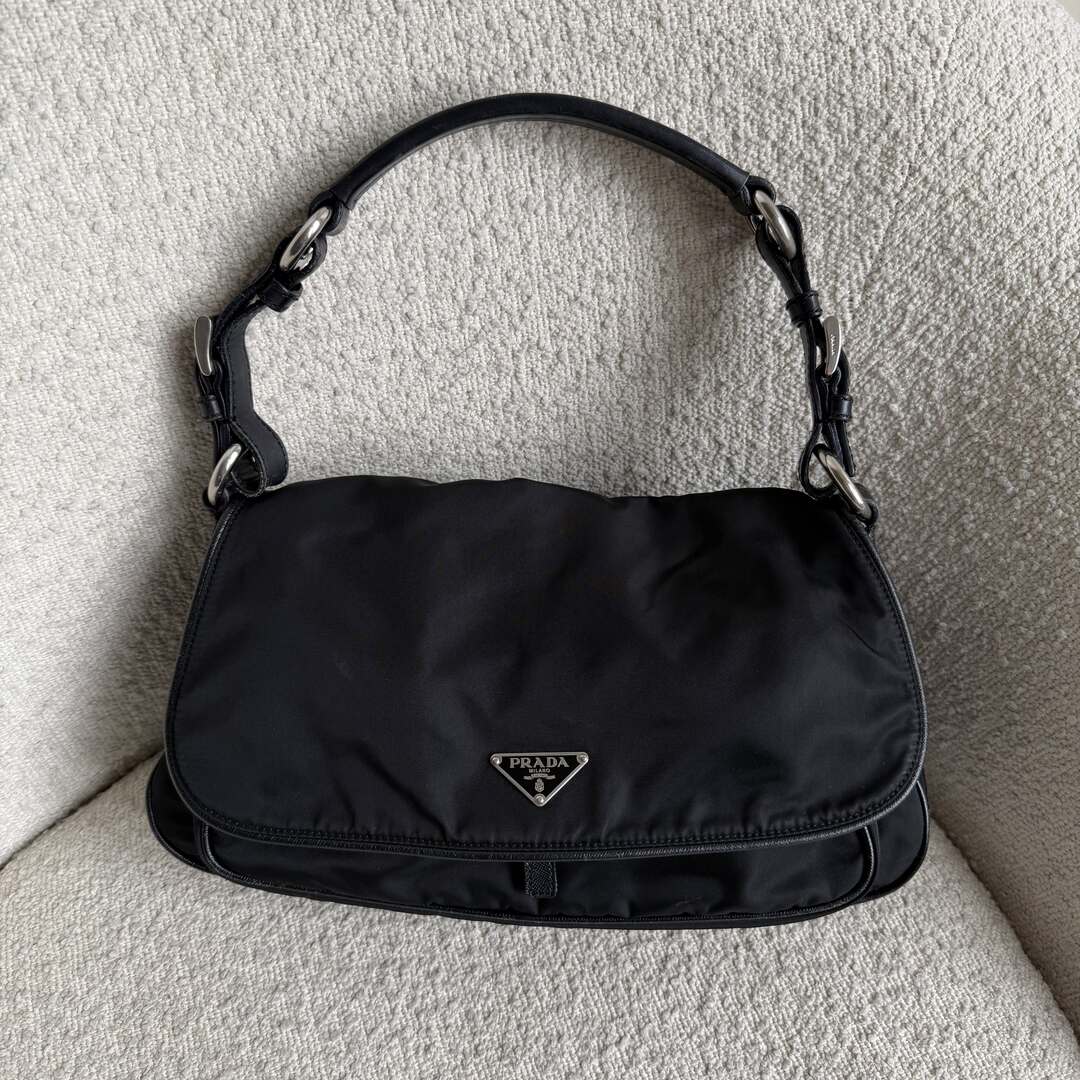 Prada Saffiano Trimmed Tessuto Nylon Black Shoulder Bag