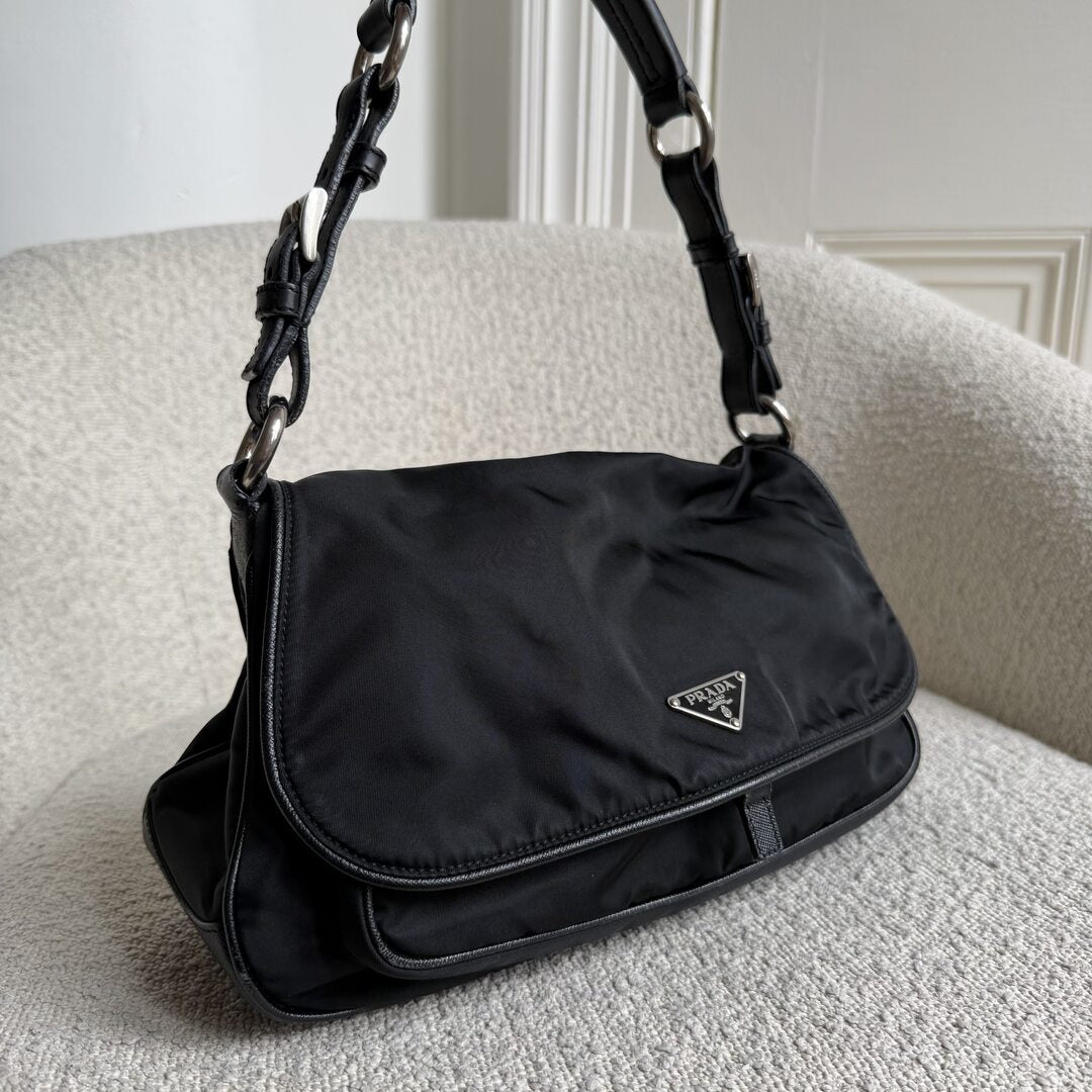 Prada Saffiano Trimmed Tessuto Nylon Black Shoulder Bag