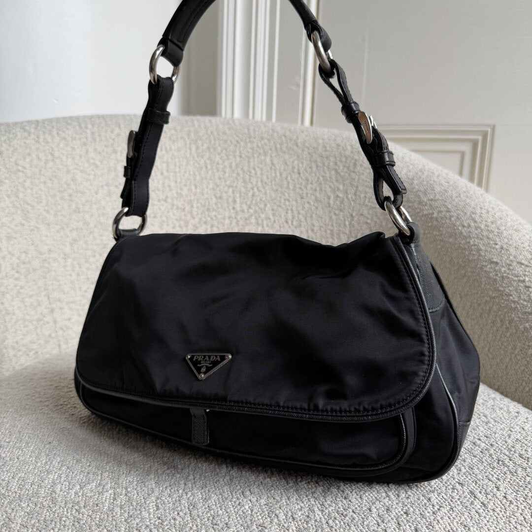 Prada Saffiano Trimmed Tessuto Nylon Black Shoulder Bag