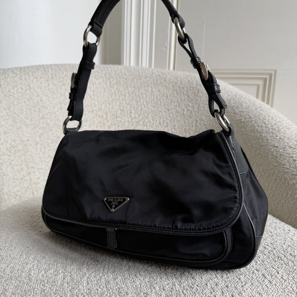 Prada Saffiano Trimmed Tessuto Nylon Black Shoulder Bag