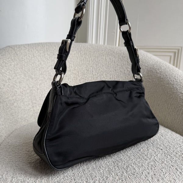 Prada Saffiano Trimmed Tessuto Nylon Black Shoulder Bag