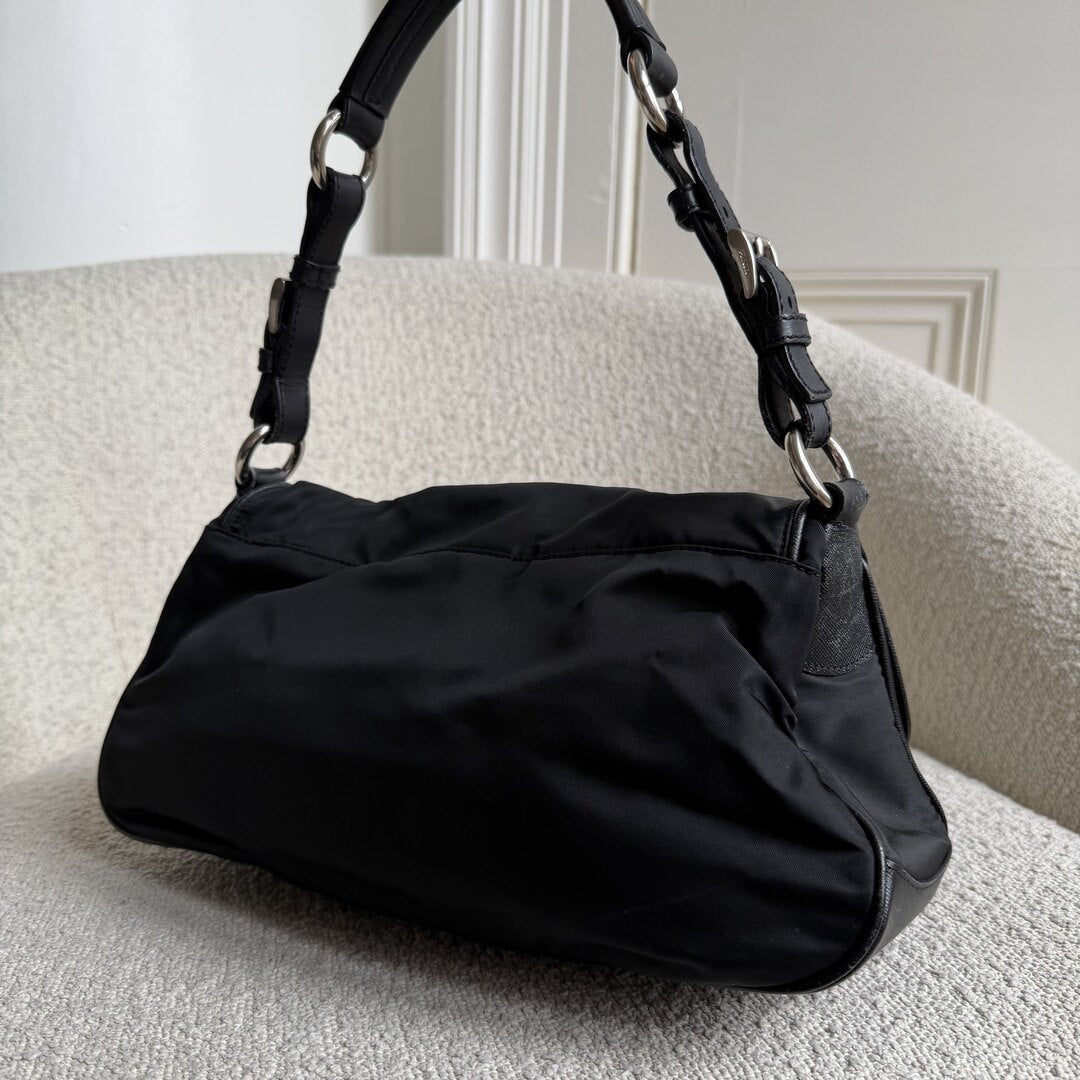 Prada Saffiano Trimmed Tessuto Nylon Black Shoulder Bag
