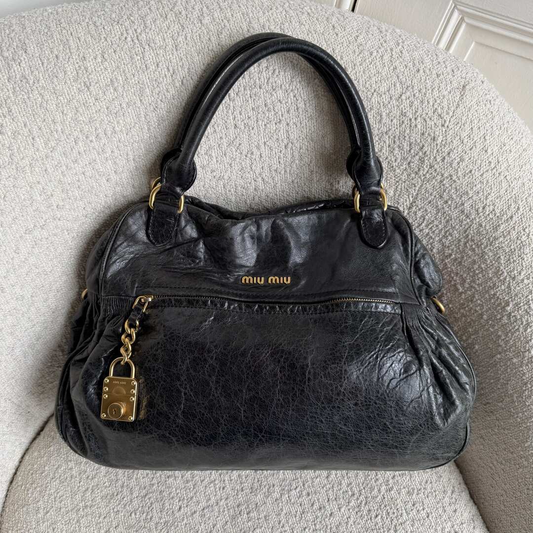 Miu Miu Charm Wrinkled Leather Black Handbag
